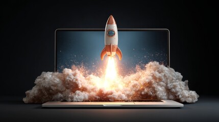 Innovative digital launch rocket shooting from laptop screen in a tech environment
