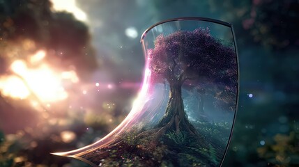Pixelated Tree Within Shimmering Shield Against Abstract Nature