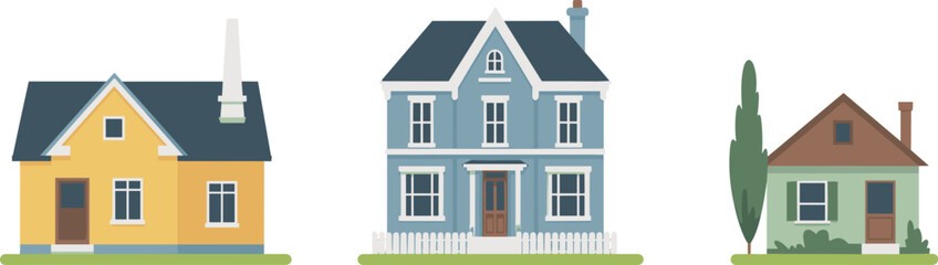 Colorful residential houses, suburban architecture, cozy homes, family living, neighborhood design, real estate exterior, peaceful street, charming property, urban housing