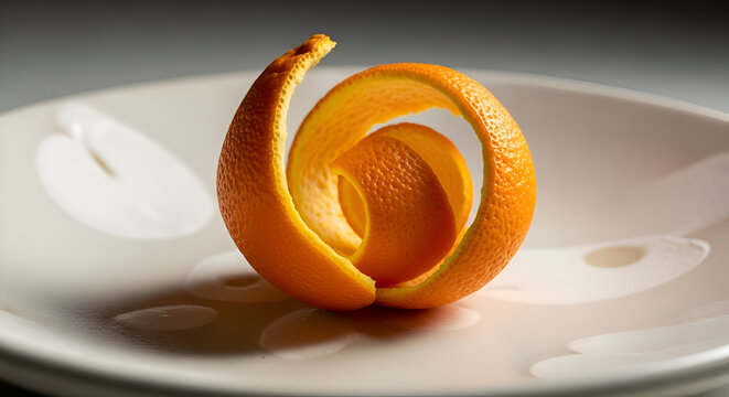 Artful Orange Zest Curl on a White Plate Capturing Refined Culinary Minimalism