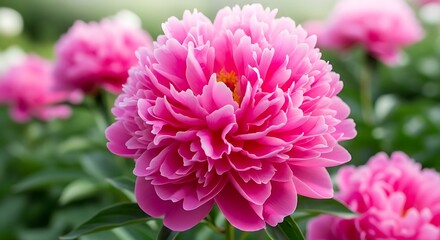 Charming blossom pink peony with detailed petals and soft green background