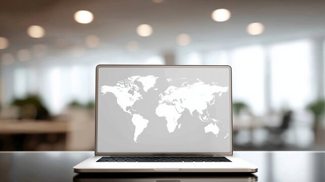 Laptop mock up with blank screen displaying world map in modern office environment