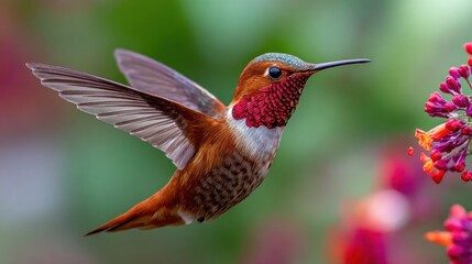 Fototapeta premium Hummingbird in flight, feeding on flower