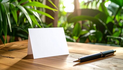 Blank card on wooden table, surrounded by greenery