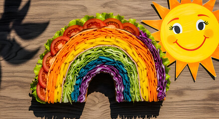 Colorful Vegetable Rainbow and Smiling Sun Concept on a Wooden Surface