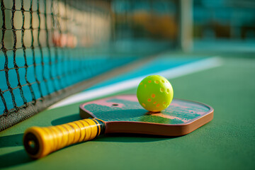 Minimalist cinematic pickleball flat lay on court, glowing neon ball and paddles inviting play, clean aesthetic showcasing recreational sports culture and outdoor activity trends.