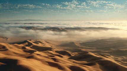 High-altitude desert landscape, dunes, mist