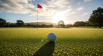 A golf ball sits on the green, with a red flag waving in the distance, bathed in sunlight.