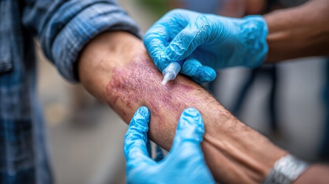 Medical professional treating a burn injury on a patient's arm