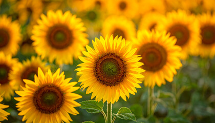 Fototapeta premium The beauty of sunflowers, growing and blooming in the flower garden