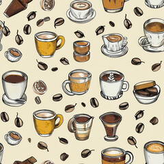 Seamless Coffee Pattern. Modern Coffee Beans and Cup Seamless Design. Minimalist Coffee Pattern for Packaging and Branding