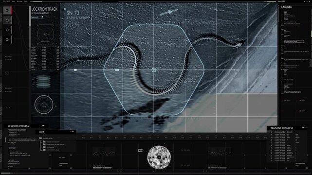 High Tech Location Track Via Satellite Camera Innovative Software. Giant Snake Skeleton Scanned By Satellite Camera Surveillance Innovation. Digital Satellite Camera Innovation Searching Process.