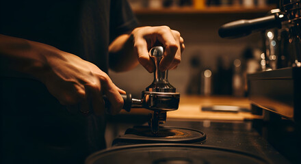 Artisan Barista Presses Coffee Grounds, Crafted Espresso Making Process, Close Up Shot