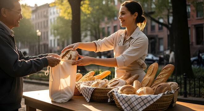 Artisan Baker Sells Freshly Baked Loaves To Customer At An Open-Air Market