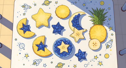 Cosmic Fruits Culinary Composition Featuring Pineapples, Bananas, Blueberries, and Starfruit Artwork