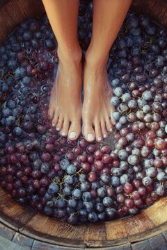 Feet stomping grapes in wooden barrel, traditional winemaking harvest, grape crushing process, vineyard culture, organic farming, rustic wine production, authentic vintage beverage preparation