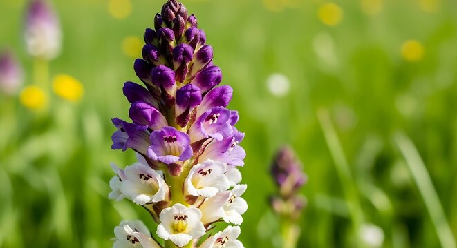 Close-up view of blooming broomrape flower with purple and white petals