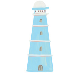Hand drawn coastal watercolor illustration on white background lighthouse 
