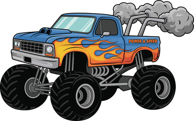 Cartoon Monster Truck Illustration, Power and Speed Graphic, Flame Painted Off-Road Vehicle Art, High-Performance Automotive Clipart for Racing Themes © Ashik Creatives