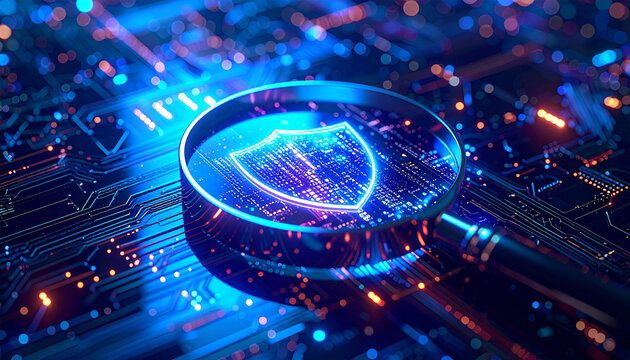 Cybersecurity scrutiny: An illuminated shield icon, enveloped in a magnifying glass, rests atop a complex circuit board, vividly portraying the essence of data protection and digital security.