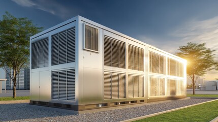 Obraz premium Modern Steel Building with Equipment Surrounded by Trees at Sunset