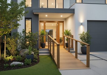 A sleek modern home entrance features a wooden ramp, premium materials, and lush greenery, blending accessibility with minimalist design for real estate appeal.