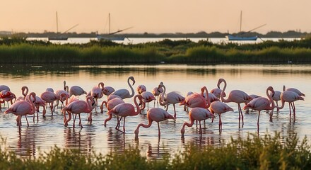 Captivating flamingo flock wading in tranquil waters at scenic sunset