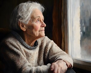 Older woman with gray hair looking out of a window.