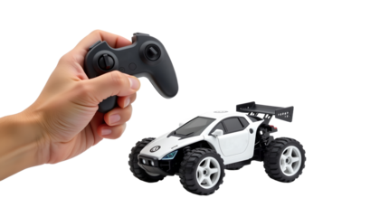 Hand holding remote control, white toy car, isolated, playful, technology, fun, childhood
