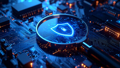 Cyber Security: A magnifying glass hovers over a glowing shield symbol on a complex circuit board, highlighting the importance of network protection in the digital age.