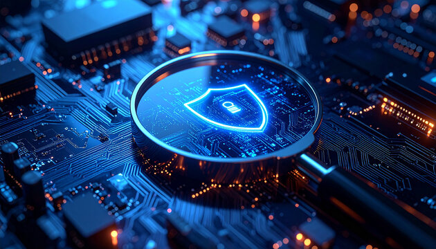 Cyber Security: A magnifying glass hovers over a glowing shield symbol on a complex circuit board, highlighting the importance of network protection in the digital age. - Powered by Adobe