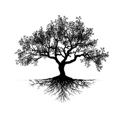 Detailed Black and White Silhouette of a Majestic Tree with Intricate Roots and Branches