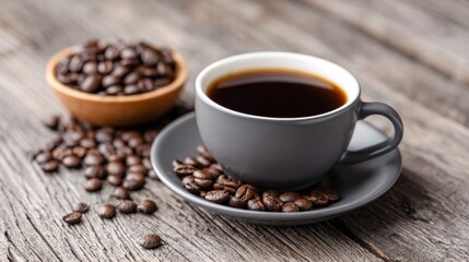 Obraz premium A cup of coffee with coffee beans on a wooden table.