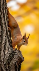 Red Squirrel Climbing Tree Trunk Autumnal Colors.