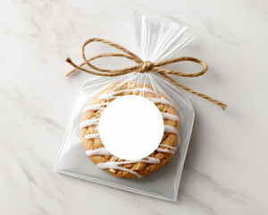 Crumble cookie with white icing  packed in a transparent plastic bag  with blank mockup label tied with rustic twine