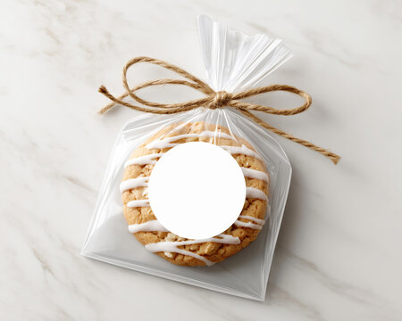 Crumble cookie with white icing  packed in a transparent plastic bag  with blank mockup label tied with rustic twine