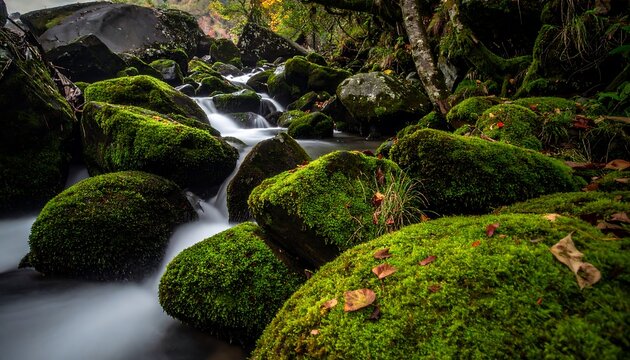 Lush mossy rocks and a flowing stream