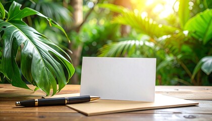 Blank card on wooden table with greenery background (1)