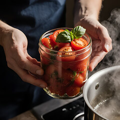 Woman Preserving Fresh Tomatoes with Basil in Glass Jars, Steaming Pot on Stove &mdash; Homemade Canning Process for Summer Harvest