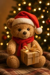 Christmas Teddy Bear with Gift Box by Tree