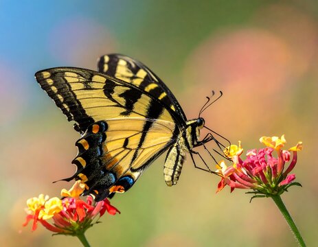 A butterfly sips nectar from vibrant flowers