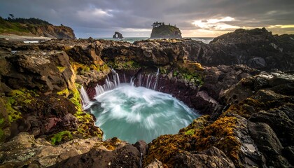 Dramatic coastal rock pool at sunset