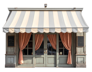  Vintage Café Storefront with Striped Awning and Draped Peach Curtains PNG