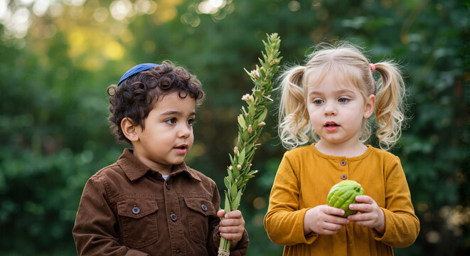 Young Jewish boy holding a lulav with young girl in autumn setting Concept of Sukkot  