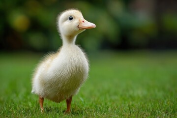 Cute duckling on green grass