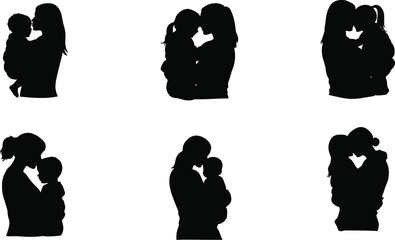 Silhouette vector illustration of parents holding babies in nurturing poses, family love, childcare, motherhood, fatherhood, parenting, emotional bonding, affection