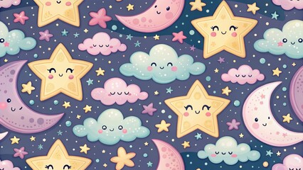 Fototapeta premium Sweet dreams await with this charming pattern of smiling stars, moons and clouds, perfect for baby products, kids apparel or nursery decor projects