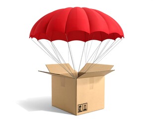 A cardboard box with a red parachute