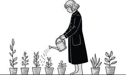 person watering eight potted plants with varied foliage, symbolizing growth, care, gardening, responsibility, and environmental nurturing in vector