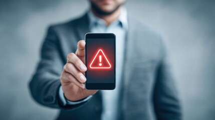 Man holding smartphone with an alert symbol